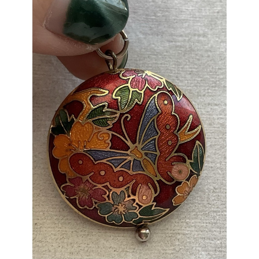 Vintage Chinese red cloisonné pendant Butterfly Round Estate Jewelry